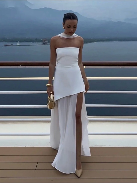 house of fleur Dresses & Skirts - NEVER WORN - Elegant White Strapless Chiffon Asymmetrical Maxi Dress